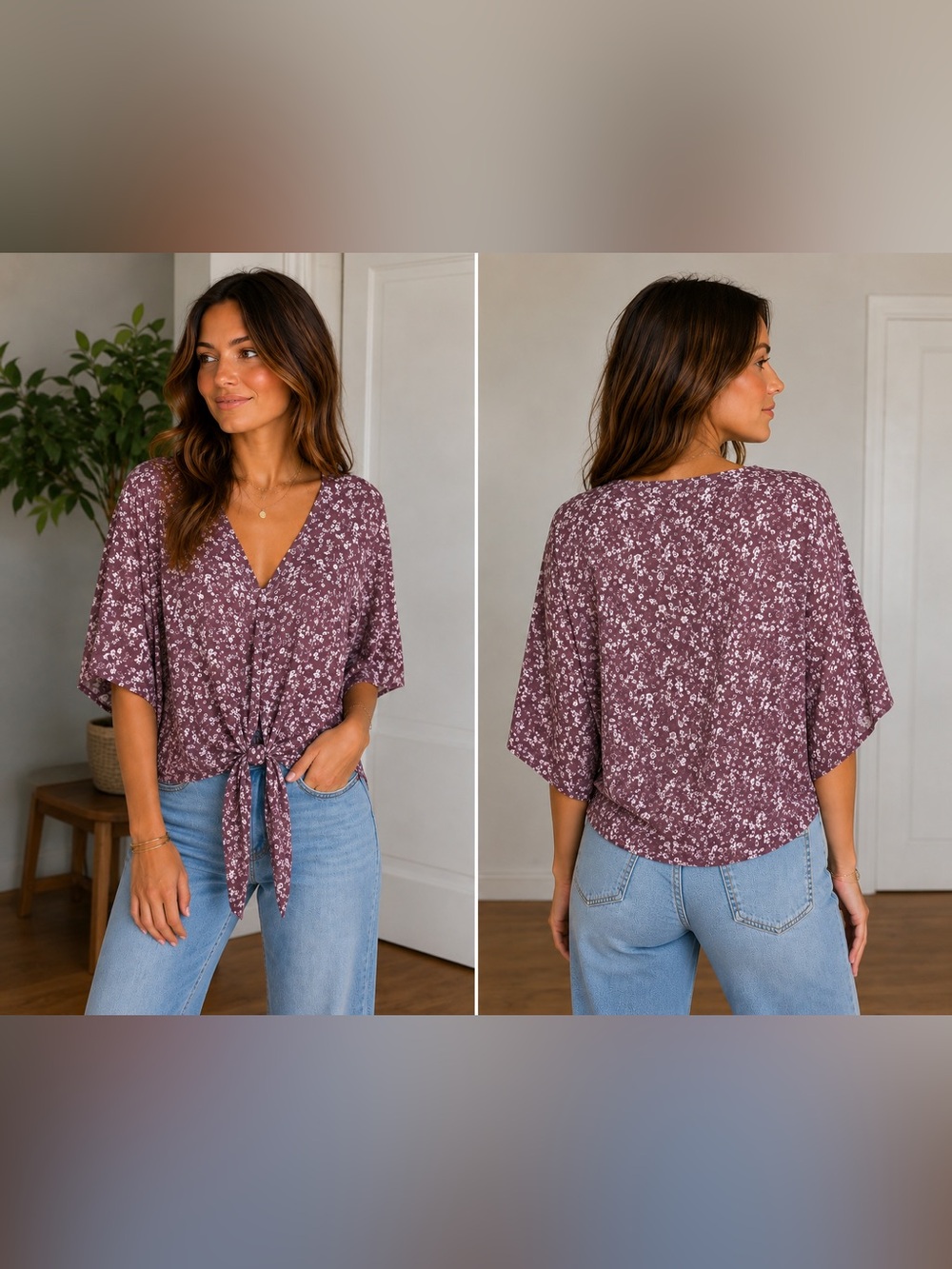LUQ Mauve Floral Tie Front Blouse - Size M